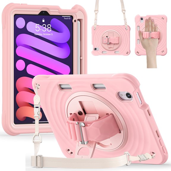 ELEHODL for Pad Mini 7th 6th Generation Case, Shockproof 360° Hand Strap Stand/Shoulder Strap Heavy Duty Protective Case for Pad Mini 7th 6th Generation,Pink