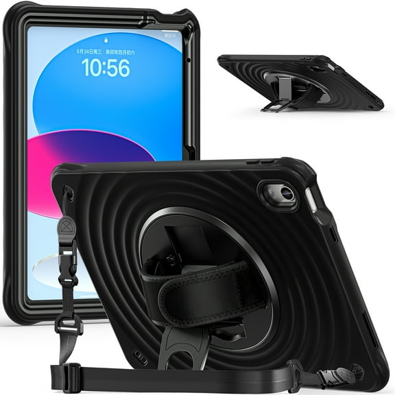 ELEHODL for iPad 10th Generation Case, iPad 10 Cover with 360° Hand Strap Stand/Shoulder Strap, Heavy Duty iPad 10th Gen Case A2696/A2757/A2777,Black