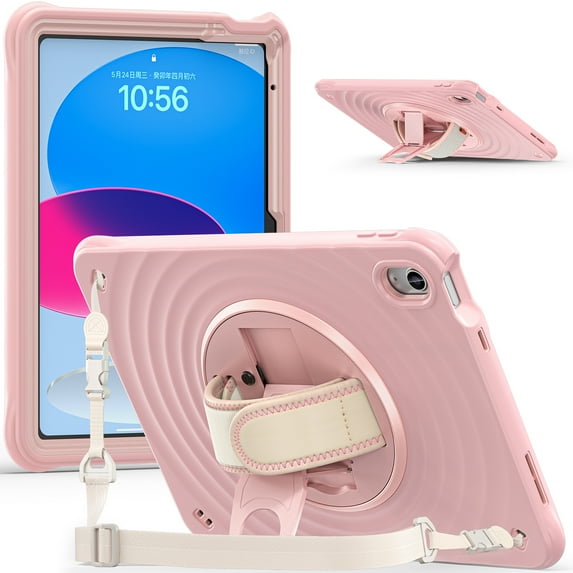 ELEHODL for iPad 10th Generation Case, iPad 10 Cover with 360° Hand Strap Stand/Shoulder Strap, Heavy Duty iPad 10th Gen Case A2696/A2757/A2777,Pink