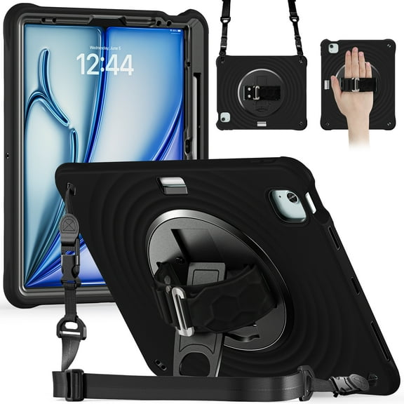 ELEHODL for iPad Air 11-inch M3 (2025) / M2 (2024) Case, Shockproof 360° Hand Strap Stand/Shoulder Strap Heavy Duty Case for iPad Air 11-inch M3 (2025) / M2 (2024),Black
