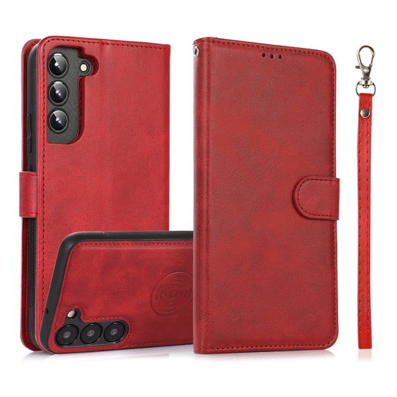 ELEHOLD 2 in 1 Wallet Case for Samsung Galaxy S21 FE, Credit Card Holder Detachable Hybrid Protective Slim Hard Shell Magnetic PU Leather Folio Pocket Flip Cover for Samsung Galaxy S21 FE,Red
