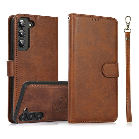 ELEHOLD 2 in 1 Wallet Case for Samsung Galaxy S21 FE, Credit Card Holder Detachable Hybrid Protective Slim Hard Shell Magnetic PU Leather Folio Pocket Flip Cover for Samsung Galaxy S21 FE,Brown