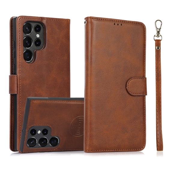 ELEHOLD 2 in 1 Wallet Case for Samsung Galaxy S23 Ultra, Credit Card Holder Detachable Hybrid Protective Slim Hard Shell Magnetic PU Leather Folio Pocket Flip Cover for Samsung Galaxy S23 Ultra,Brown