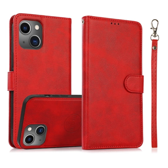 ELEHOLD 2 in 1 Wallet Case for iPhone 13 Mini, Credit Card Holder Detachable Hybrid Protective Slim Hard Shell Magnetic PU Leather Folio Pocket Flip Cover for iPhone 13 Mini,Red