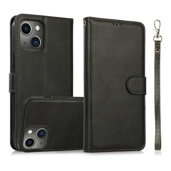 ELEHOLD 2 in 1 Wallet Case for iPhone 14, Credit Card Holder Detachable Hybrid Protective Slim Hard Shell Magnetic PU Leather Folio Pocket Flip Cover for iPhone 14,Black
