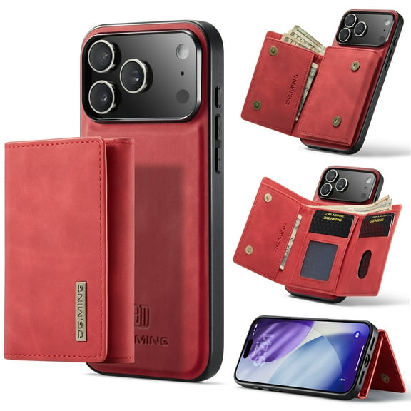 ELEHOLD 2 IN 1 Wallet Case for iPhone 17 Pro, PU Leather Magnetic Detachable Card Holder Cash Pocket Kickstand Function Full Protective Cover for iPhone 17 Pro, Red