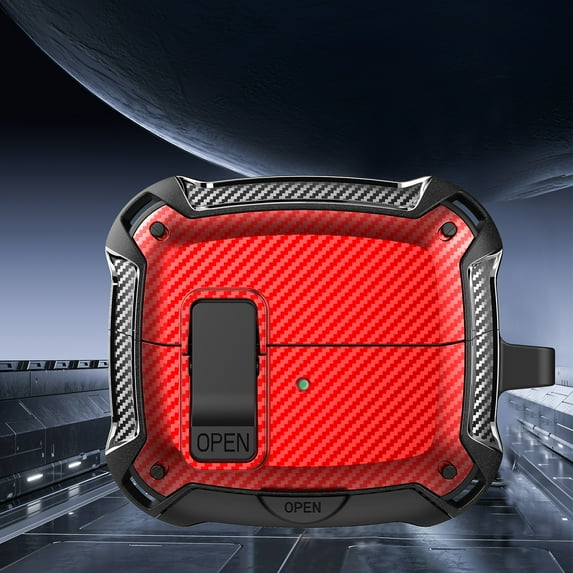 ELEHOLD 2-in-1 Case For Samsung Galaxy Buds 3 / 3 Pro, Full Body Protective Case & Phone Kickstand, with Secure Lock & Keychain, Support Wireless Charging, Red-Carbon Fiber Pattern