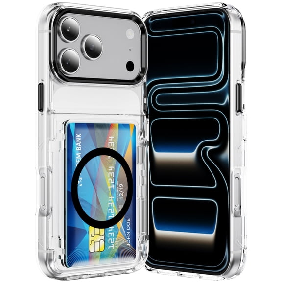 ELEHOLD 2-in-1 Clear Wallet Case for iPhone 17 Pro, Rugged Shockproof Protective Cover with Hidden Card Holder, Built in Kickstand, Black