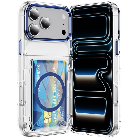 ELEHOLD 2-in-1 Clear Wallet Case for iPhone 17 Pro, Rugged Shockproof Protective Cover with Hidden Card Holder, Built in Kickstand, Blue