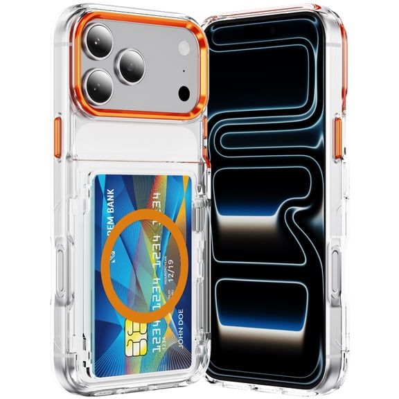 ELEHOLD 2-in-1 Clear Wallet Case for iPhone 17 Pro, Rugged Shockproof Protective Cover with Hidden Card Holder, Built in Kickstand, Orange