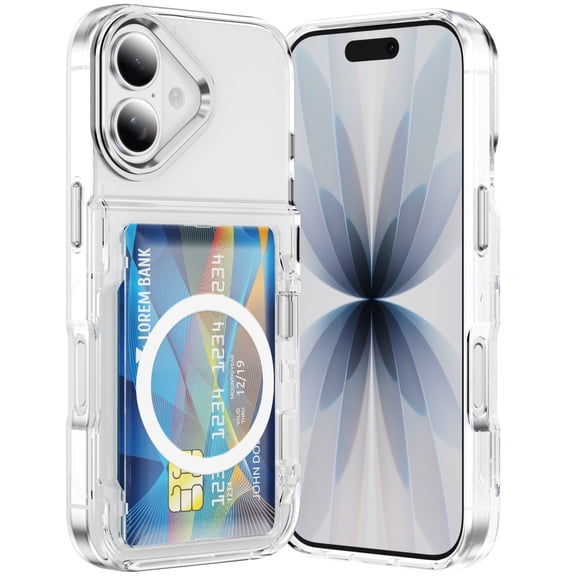 ELEHOLD 2-in-1 Clear Wallet Case for iPhone 17, Rugged Shockproof Protective Cover with Hidden Card Holder, Built in Kickstand, White