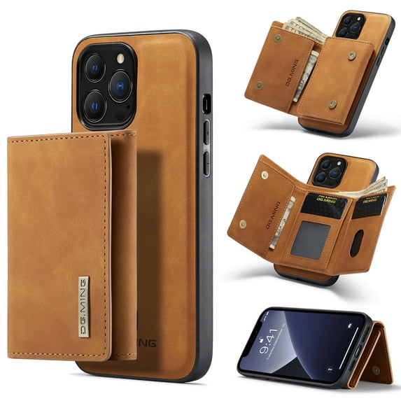 ELEHOLD 2-in-1 Detachable Wallet Case for iPhone 13 Pro Max Premium Leather Case Soft TPU Bumper Magnetic Removable Card Holders Kickstand Function Shockproof Case,brown