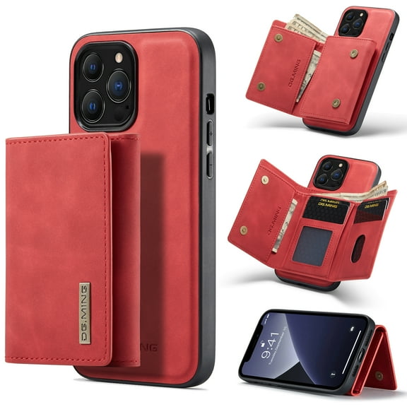 ELEHOLD 2-in-1 Detachable Wallet Case for iPhone 14 Premium Leather Case Soft TPU Bumper Magnetic Removable Card Holders Kickstand Function Shockproof Case,red