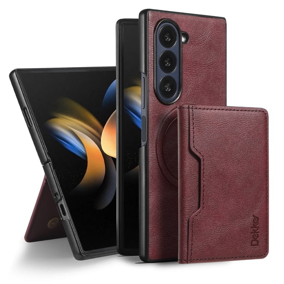 ELEHOLD 2-in-1 Magnetic Wallet Case for Samsung Galaxy Z Fold 7,Detachable Card Holder PU Leather Kickstand, Mag-Safe Magnetic Business Slim Protective Case for Samsung Galaxy Z Fold 7,Winered