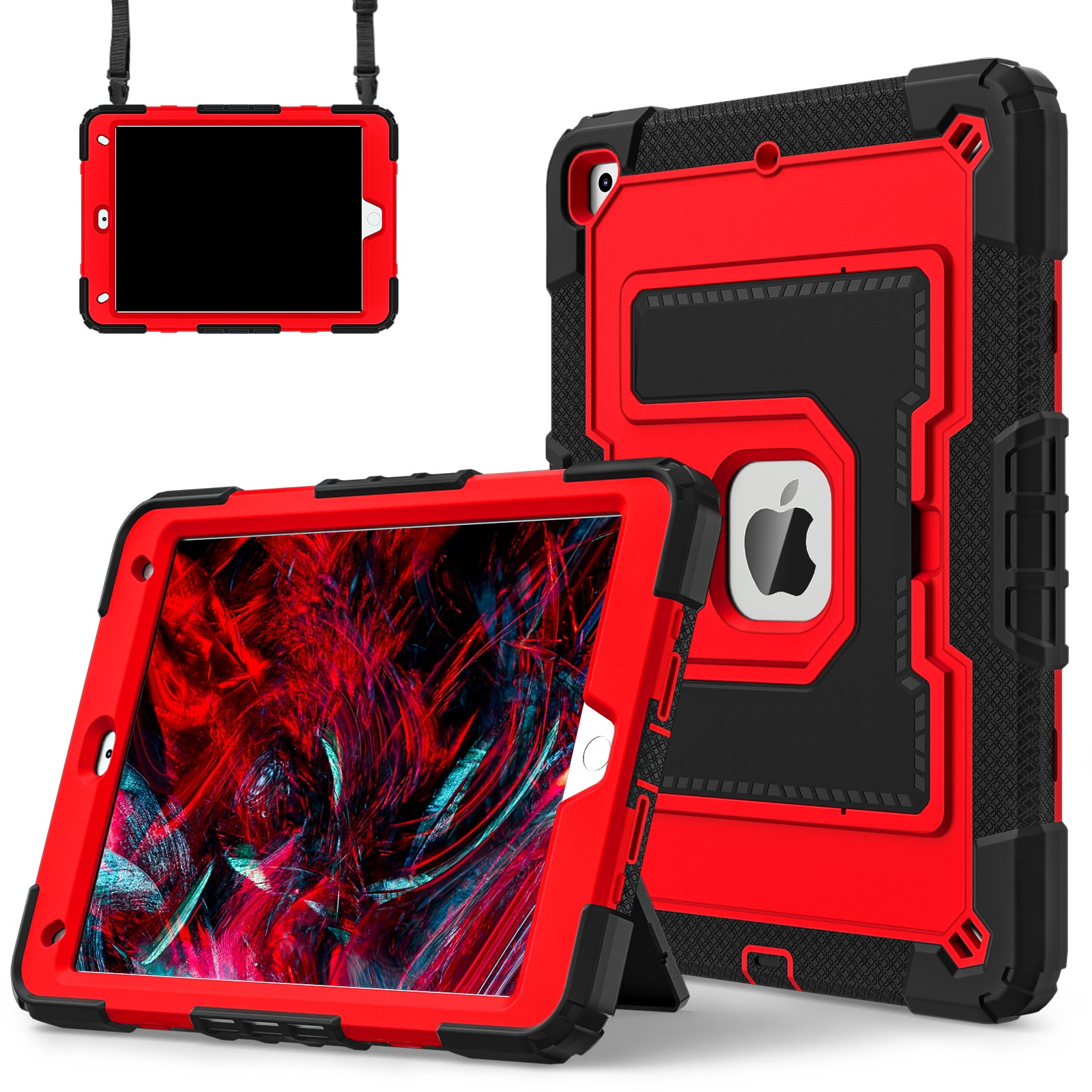 ELEHOLD 3-Layer Rugged Case For Apple iPad 9th/8th/7th Generation Heavy Duty Shockproof Cover, [Drop Protection], [Logo Visible], With Kickstand & Pencil Holder & Shoulder Strap, Black+Red
