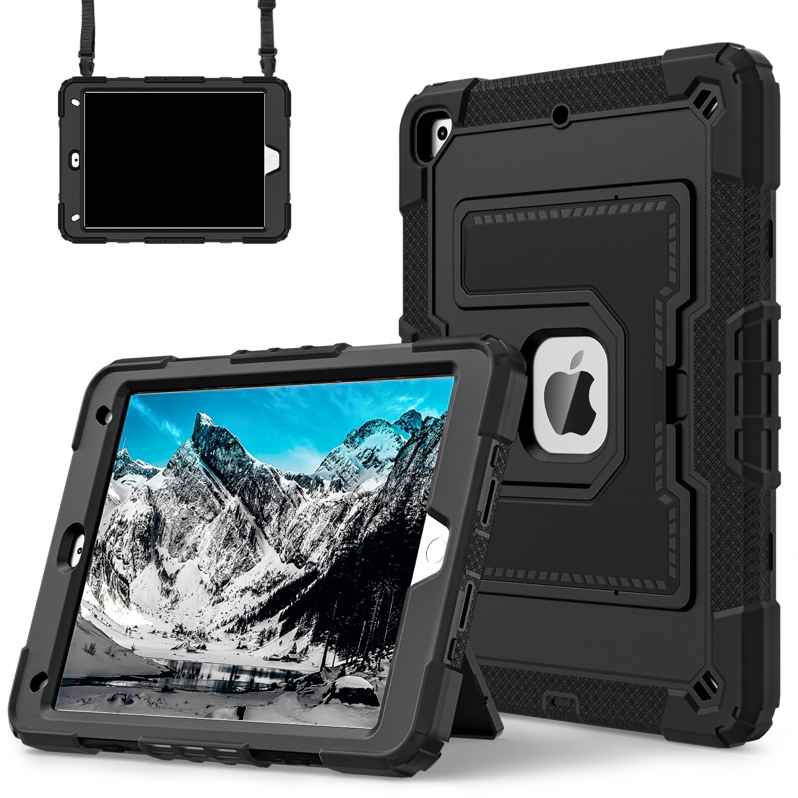 ELEHOLD 3-Layer Rugged Case For Apple iPad 9th/8th/7th Generation Heavy Duty Shockproof Cover, [Drop Protection], [Logo Visible], With Kickstand & Pencil Holder & Shoulder Strap, Black