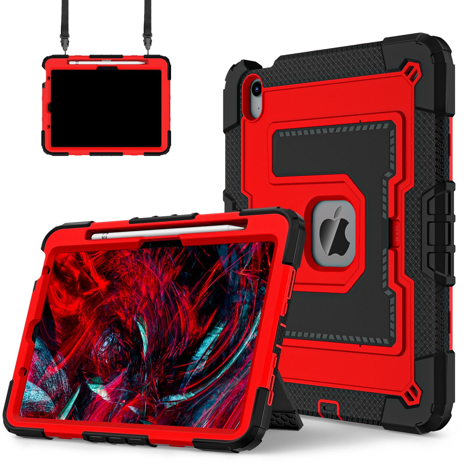 ELEHOLD 3-Layer Rugged Case For Apple iPad Air 11 (2025 / 2024) Heavy Duty Shockproof Cover, [Drop Protection], [Logo Visible], With Kickstand & Pencil Holder & Shoulder Strap, Black+Red