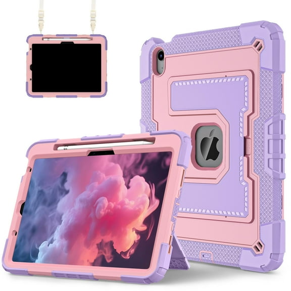 ELEHOLD 3-Layer Rugged Case For Apple iPad Air 11 (2025 / 2024) Heavy Duty Shockproof Cover, [Drop Protection], [Logo Visible], With Kickstand & Pencil Holder & Shoulder Strap, Purple+Rosegold