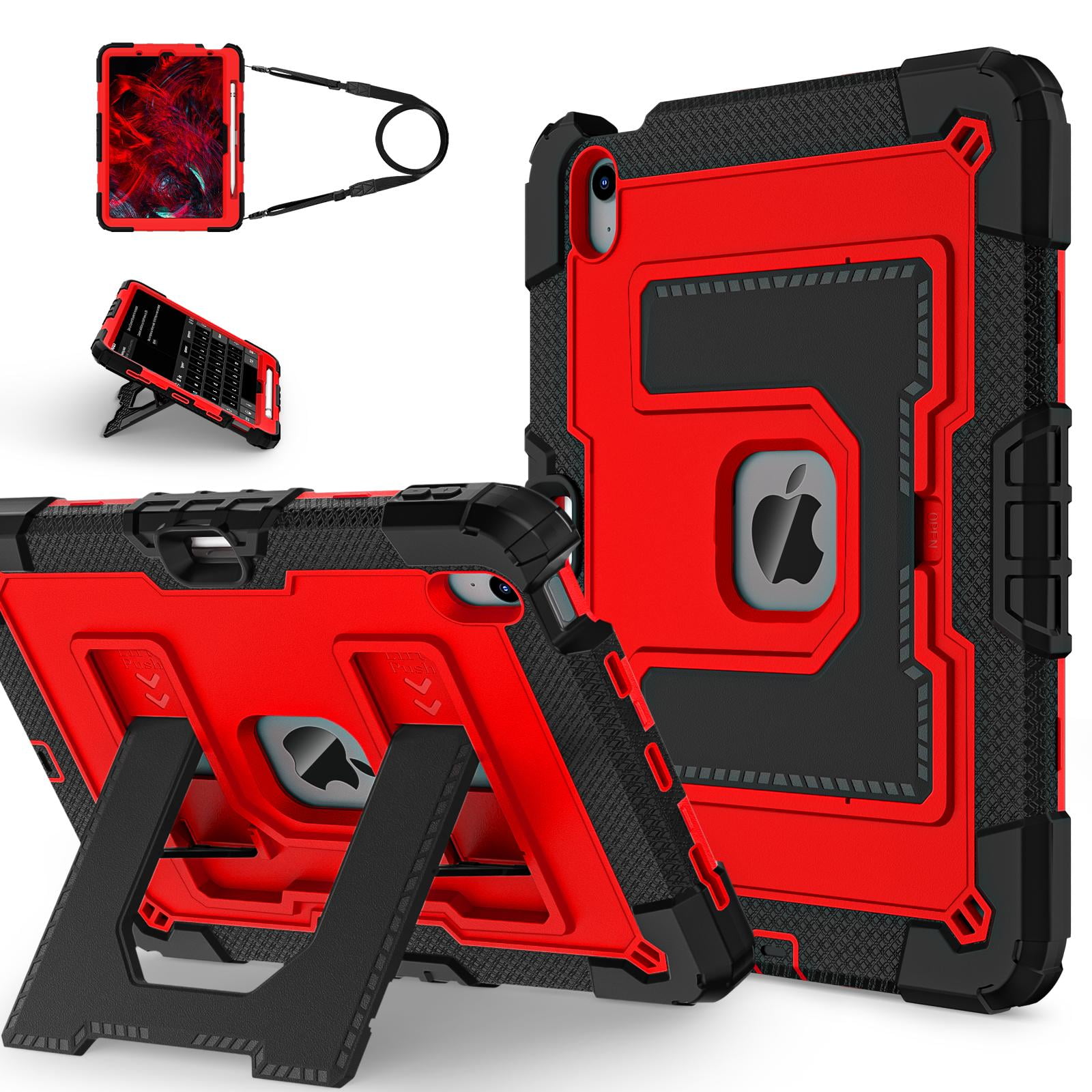 ELEHOLD 3-Layer Rugged Case For Apple iPad Air 11‑inch (M4) 2026, Heavy Duty Shockproof Logo Visible Foldable Kickstand Drop Protection Cover with Pencil Holder + Shoulder Strap, Black+Red