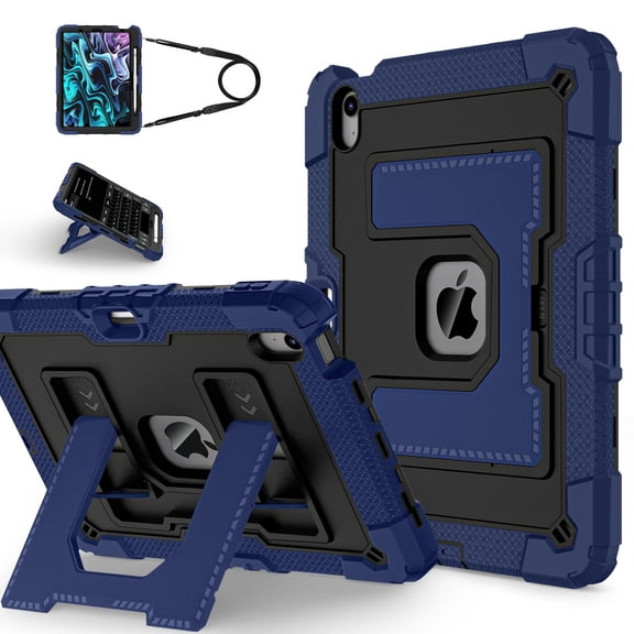 ELEHOLD 3-Layer Rugged Case For Apple iPad Air 11‑inch (M4) 2026, Heavy Duty Shockproof Logo Visible Foldable Kickstand Drop Protection Cover with Pencil Holder + Shoulder Strap, Navyblue+Black