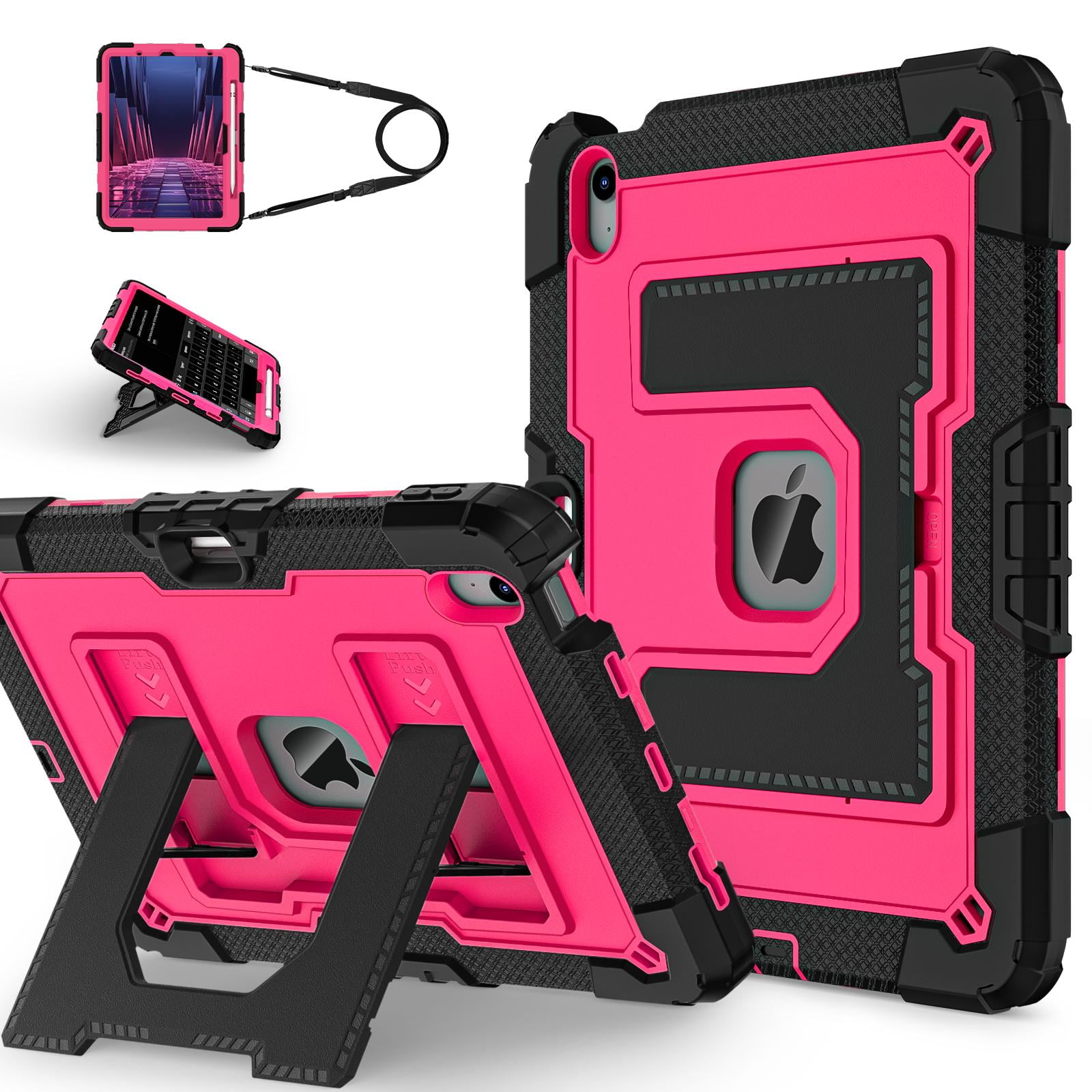 ELEHOLD 3-Layer Rugged Case For Apple iPad Air 11‑inch (M4) 2026, Heavy Duty Shockproof Logo Visible Foldable Kickstand Drop Protection Cover with Pencil Holder + Shoulder Strap, Black+Rose