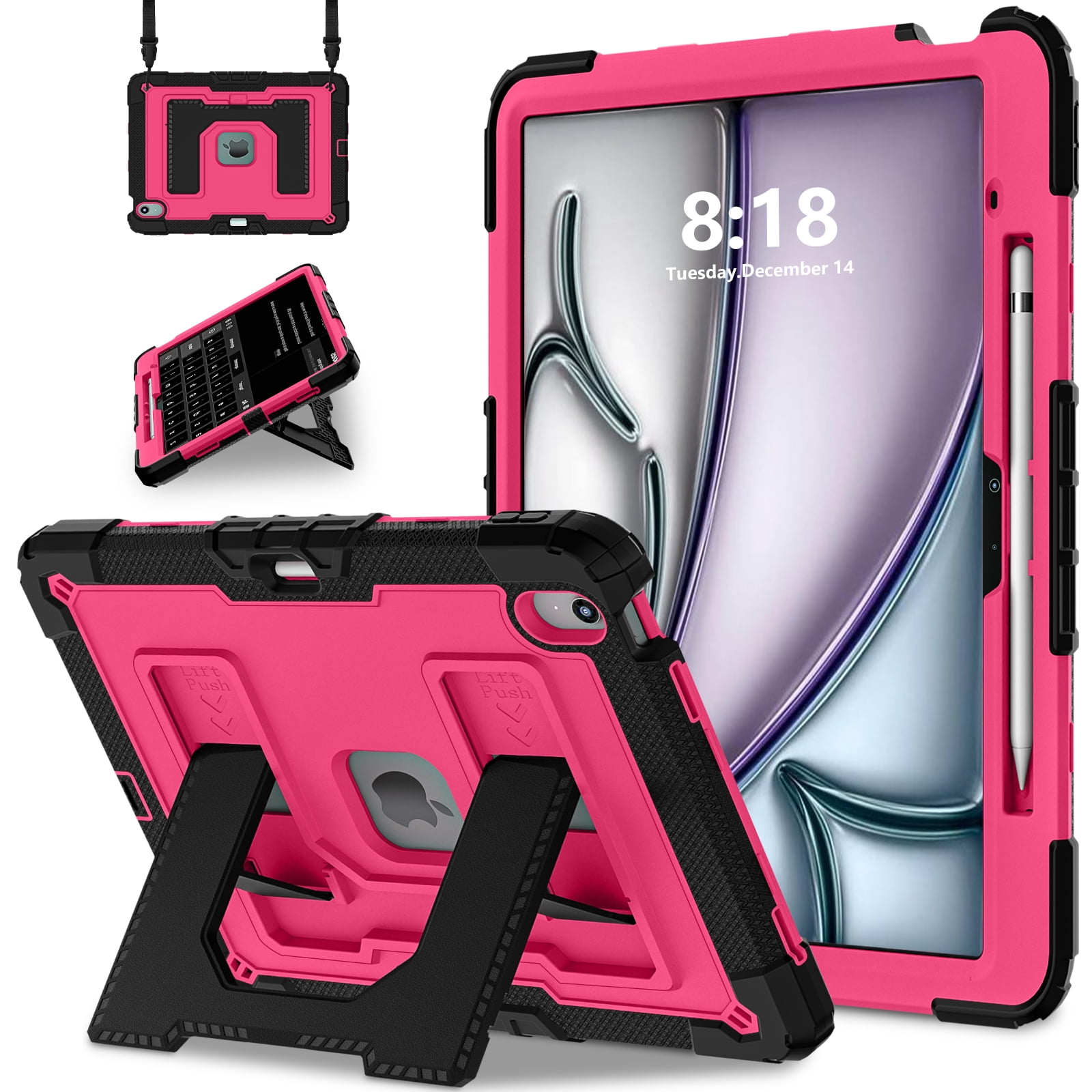 ELEHOLD 3-Layer Rugged Case For Apple iPad Air 13‑inch (M4) 2026, Heavy Duty Shockproof Logo Visible Foldable Kickstand Drop Protection Cover with Pencil Holder + Shoulder Strap, Black+Rose