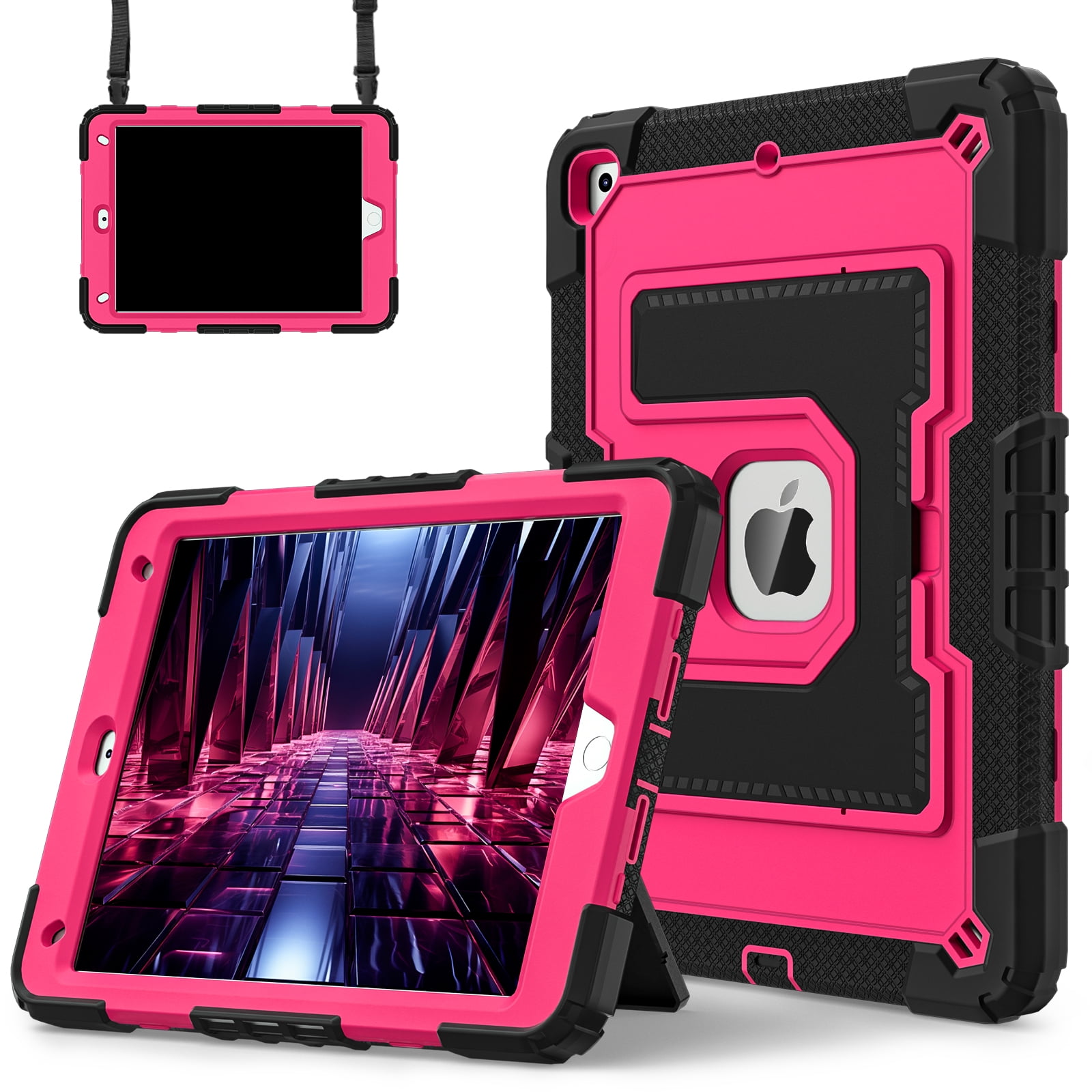ELEHOLD 3-Layer Rugged Case For Apple iPad Mini 7th 6th Generation Heavy Duty Shockproof Cover, [Drop Protection], [Logo Visible], With Kickstand & Pencil Holder & Shoulder Strap, Black+Rose