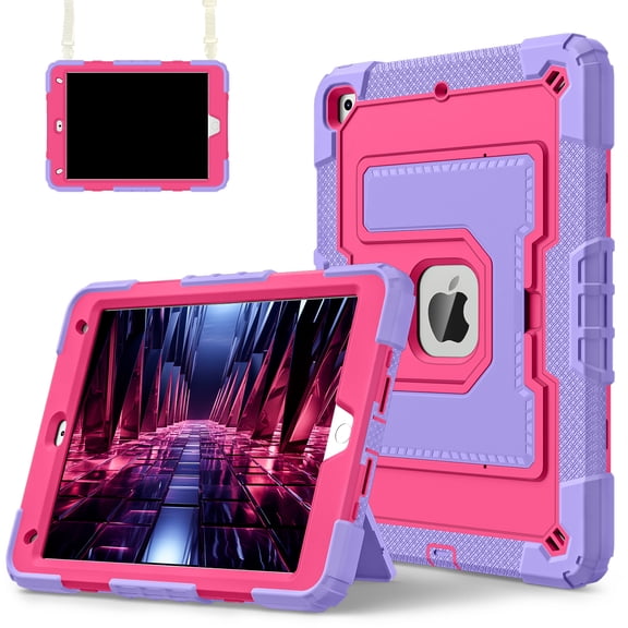 ELEHOLD 3-Layer Rugged Case For Apple iPad Mini 7th 6th Generation Heavy Duty Shockproof Cover, [Drop Protection], [Logo Visible], With Kickstand & Pencil Holder & Shoulder Strap, Purple+Rose