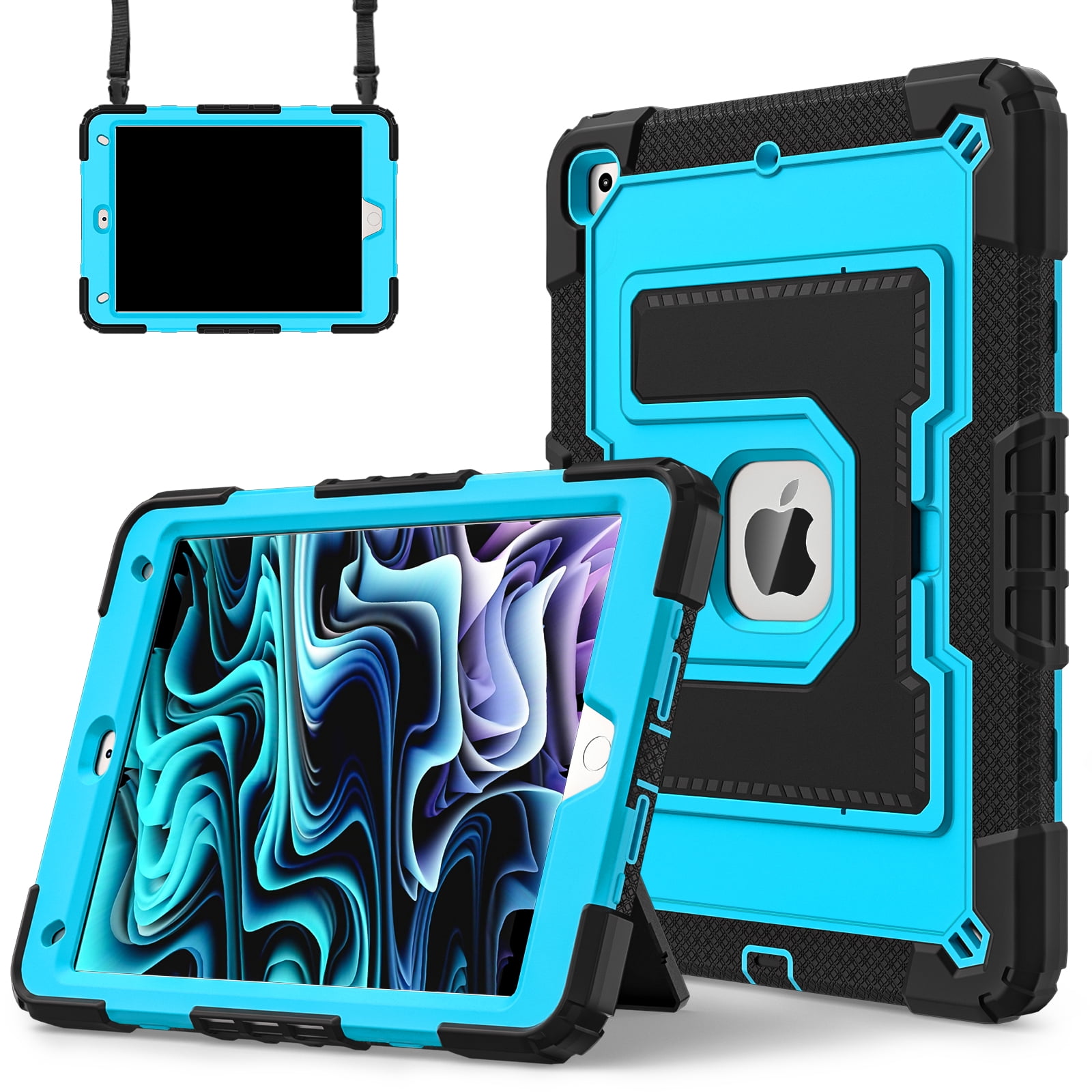 ELEHOLD 3-Layer Rugged Case For Apple iPad Mini 7th 6th Generation Heavy Duty Shockproof Cover, [Drop Protection], [Logo Visible], With Kickstand & Pencil Holder & Shoulder Strap, Black+Blue