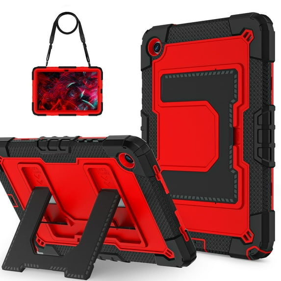 ELEHOLD 3-Layer Rugged Case For Samsung Galaxy Tab A9+ Heavy Duty Shockproof Cover, Drop Protection Kickstand Shock-Absorbent Protective Case Cover with Shoulder Strap, Black+Red