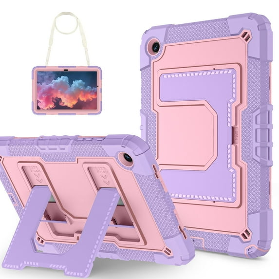 ELEHOLD 3-Layer Rugged Case For Samsung Galaxy Tab A9+ Heavy Duty Shockproof Cover, Drop Protection Kickstand Shock-Absorbent Protective Case Cover with Shoulder Strap, Purple+Rosegold