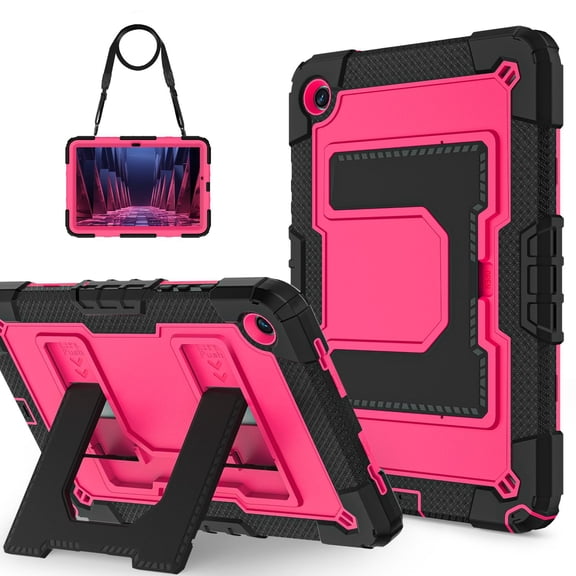 ELEHOLD 3-Layer Rugged Case For Samsung Galaxy Tab A9+ Heavy Duty Shockproof Cover, Drop Protection Kickstand  Shock-Absorbent Protective Case Cover with Shoulder Strap, Black+Rose