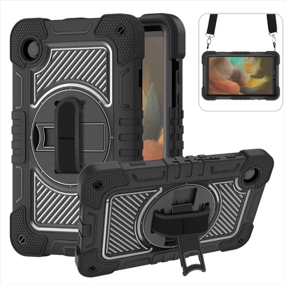 ELEHOLD 3-Layer Shockproof Case For Samsung Galaxy Tab S9, Rugged Cover with 360° Rotating Kickstand, Wrist Strap, Detachable Shoulder Strap, Black