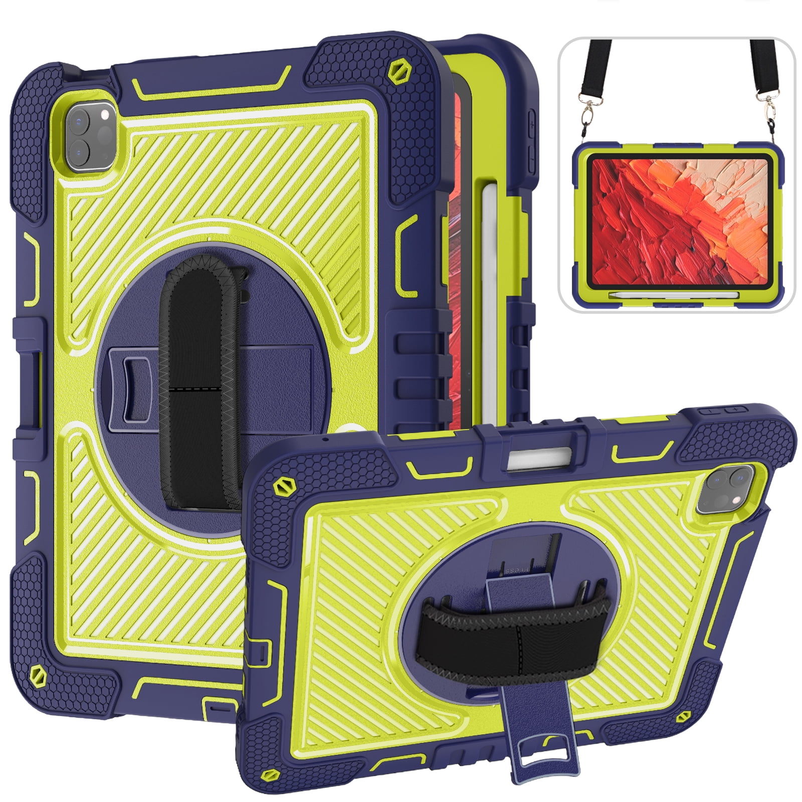 ELEHOLD 3-Layer Shockproof Case For iPad 8th/7th Generation, Rugged Cover with 360° Rotating Kickstand, Wrist Strap, Detachable Shoulder Strap, Pencil Holder, Navy Blue+Green