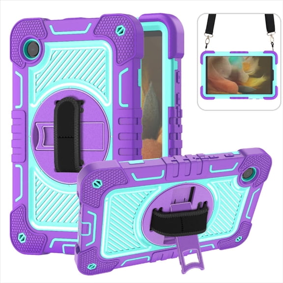 ELEHOLD 3-Layer Shockproof Case For Samsung Galaxy Tab S8, Rugged Cover with 360° Rotating Kickstand, Wrist Strap, Detachable Shoulder Strap, Purple+Mint