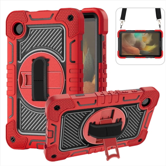 ELEHOLD 3-Layer Shockproof Case For Samsung Galaxy Tab S8, Rugged Cover with 360° Rotating Kickstand, Wrist Strap, Detachable Shoulder Strap, Red+Black
