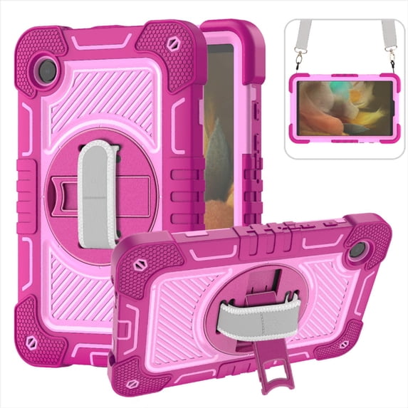 ELEHOLD 3-Layer Shockproof Case For Samsung Galaxy Tab S9 Plus, Rugged Cover with 360° Rotating Kickstand, Wrist Strap, Detachable Shoulder Strap, Rose+Pink