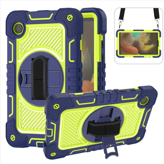 ELEHOLD 3-Layer Shockproof Case For Samsung Galaxy Tab S9, Rugged Cover with 360° Rotating Kickstand, Wrist Strap, Detachable Shoulder Strap, Navy Blue+Green