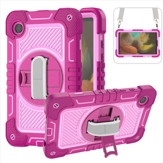 ELEHOLD 3-Layer Shockproof Case For Samsung Galaxy Tab S9, Rugged Cover with 360° Rotating Kickstand, Wrist Strap, Detachable Shoulder Strap, Rose+Pink