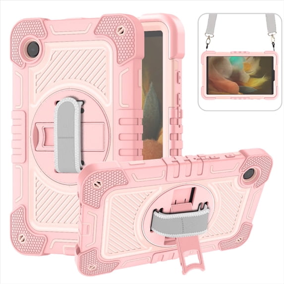 ELEHOLD 3-Layer Shockproof Case For Samsung Tab S6 Lite 10.4" (2019), Rugged Cover with 360° Rotating Kickstand, Wrist Strap, Detachable Shoulder Strap, Rose Gold