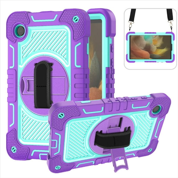 ELEHOLD 3-Layer Shockproof Case For Tab A 8.0 (2019) T290 / T295, Rugged Cover with 360° Rotating Kickstand, Wrist Strap, Detachable Shoulder Strap, Purple+Mint