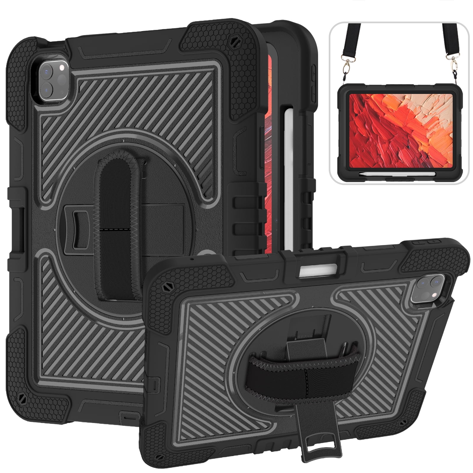 ELEHOLD 3-Layer Shockproof Case For iPad 8th/7th Generation, Rugged Cover with 360° Rotating Kickstand, Wrist Strap, Detachable Shoulder Strap, Pencil Holder, Black