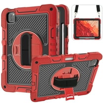 ELEHOLD 3-Layer Shockproof Case For iPad 9.7 2017 / 2018, Rugged Cover with 360° Rotating Kickstand, Wrist Strap, Detachable Shoulder Strap, Pencil Holder, Red Black