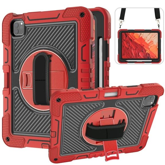 ELEHOLD 3-Layer Shockproof Case For iPad 9.7 2017 / 2018, Rugged Cover with 360° Rotating Kickstand, Wrist Strap, Detachable Shoulder Strap, Pencil Holder, Red+Black