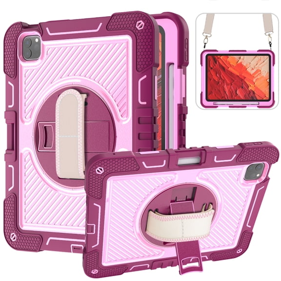 ELEHOLD 3-Layer Shockproof Case For iPad 9.7 2017 / 2018, Rugged Cover with 360° Rotating Kickstand, Wrist Strap, Detachable Shoulder Strap, Pencil Holder, Rose+Pink