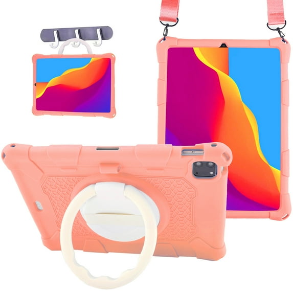 ELEHOLD 3 Layers Case For iPad 9th/8th/7th Generation Portable Handle Grip Design Shockproof Cover with Rotatable Kickstand & Pencil Holder & Shoulder Strap, Pink