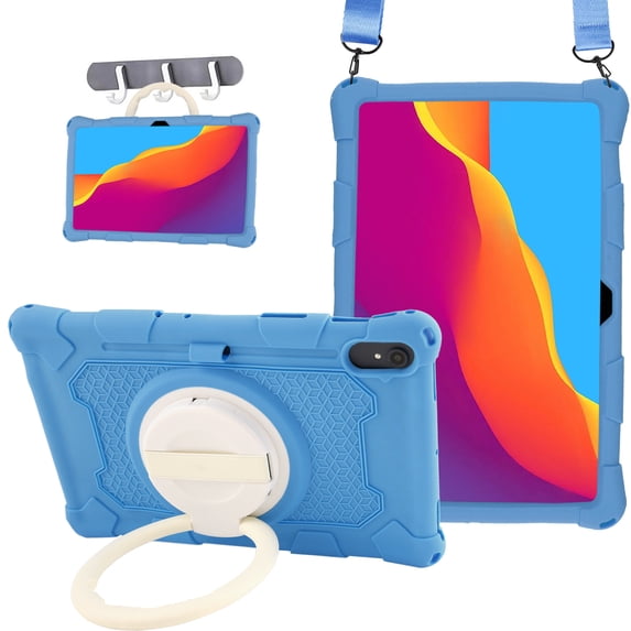 ELEHOLD 3 Layers Case For Samsung Galaxy Tab S8 Portable Handle Grip Design Shockproof Cover with Rotatable Kickstand & Pencil Holder & Shoulder Strap, Darkblue