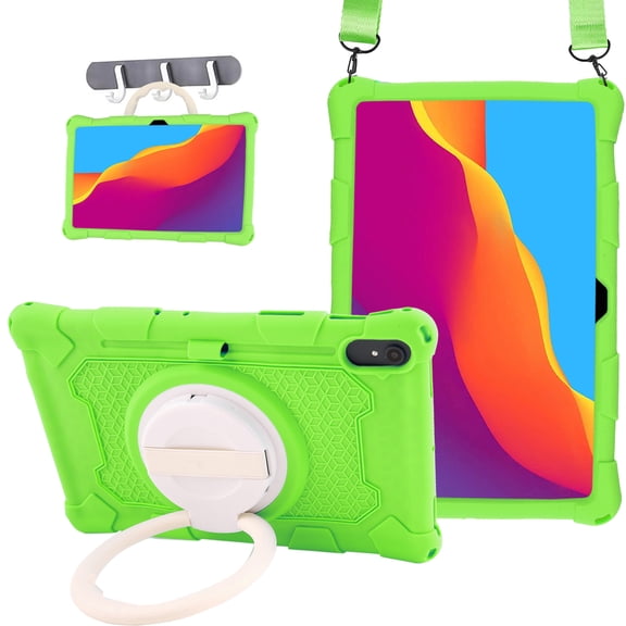 ELEHOLD 3 Layers Case For Samsung Galaxy Tab S8 Portable Handle Grip Design Shockproof Cover with Rotatable Kickstand & Pencil Holder & Shoulder Strap, Green