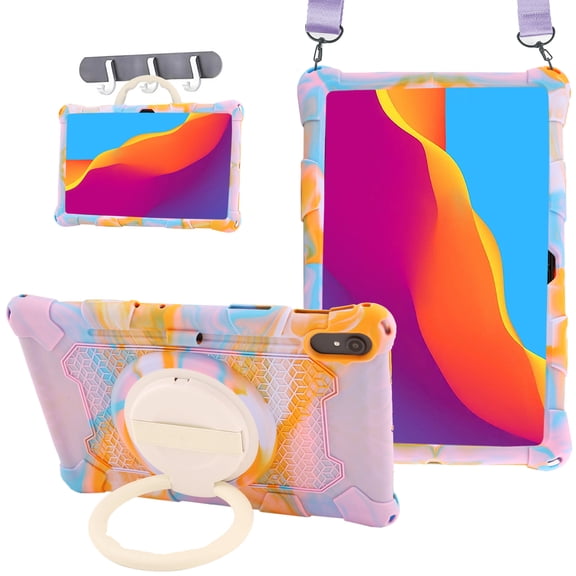 ELEHOLD 3 Layers Case For Samsung Galaxy Tab S8 Portable Handle Grip Design Shockproof Cover with Rotatable Kickstand & Pencil Holder & Shoulder Strap, Purple