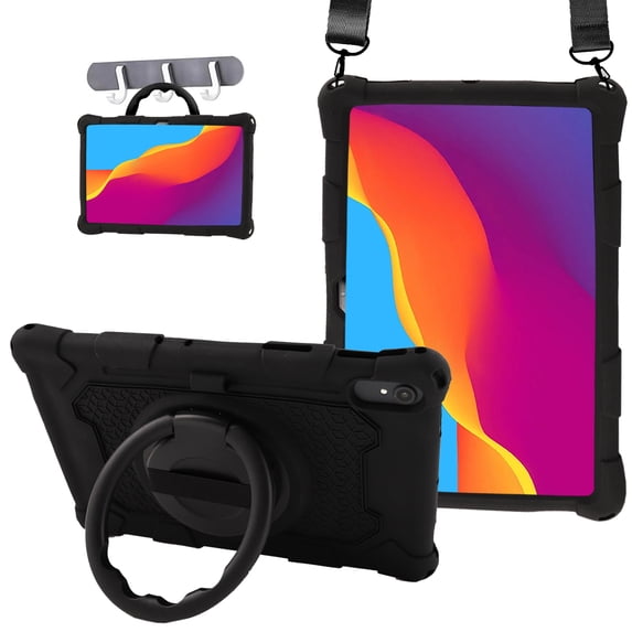ELEHOLD 3 Layers Case For Samsung Tab A7 Lite 8.7 (2021) Portable Handle Grip Design Shockproof Cover with Rotatable Kickstand & Pencil Holder & Shoulder Strap, Black